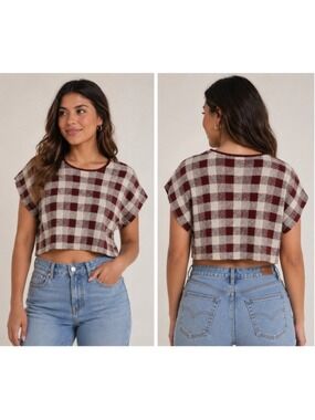 Theory Women’s Burgundy Cream Buffalo Plaid Knit Top Size SP Small Petite Short